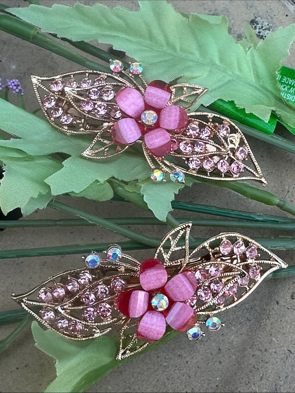 Gold-Tone Pink Floral Crystal Brooch Set - Women Jewelry